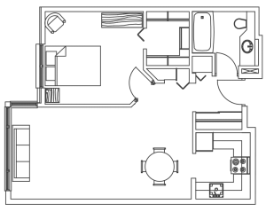 Floor plan drawing of a one bedroom apartment. There is a private bedroom which opens up to the living area and kitchen. There is also a private bathroom with bathtub.
