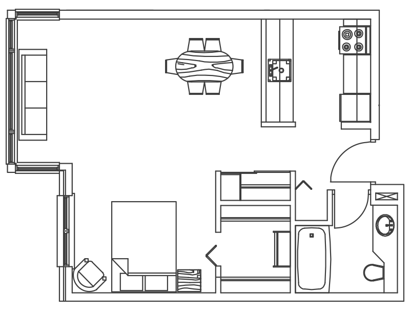 Drawing of a bachelor apartment at Melville Heights. There is a double bed, living space and kitchen area. There is also a private bathroom with a bathtub.