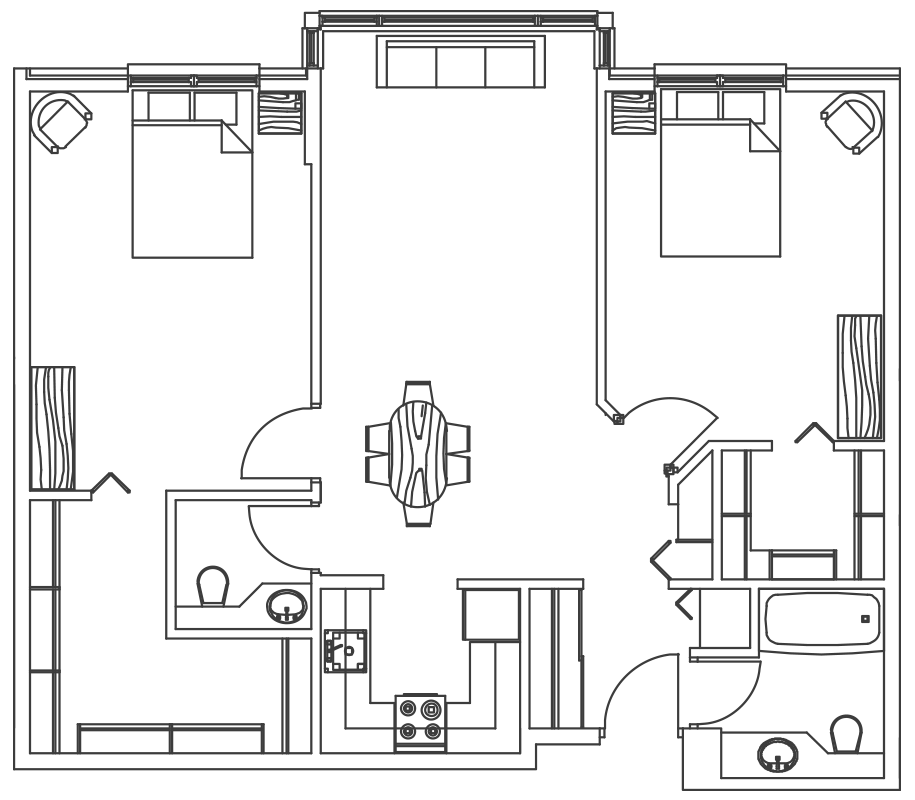 Drawing of a two bedroom apartment. There are two bedrooms with a living area in between them. There is a kitchen area and a private bathroom with bathtub.